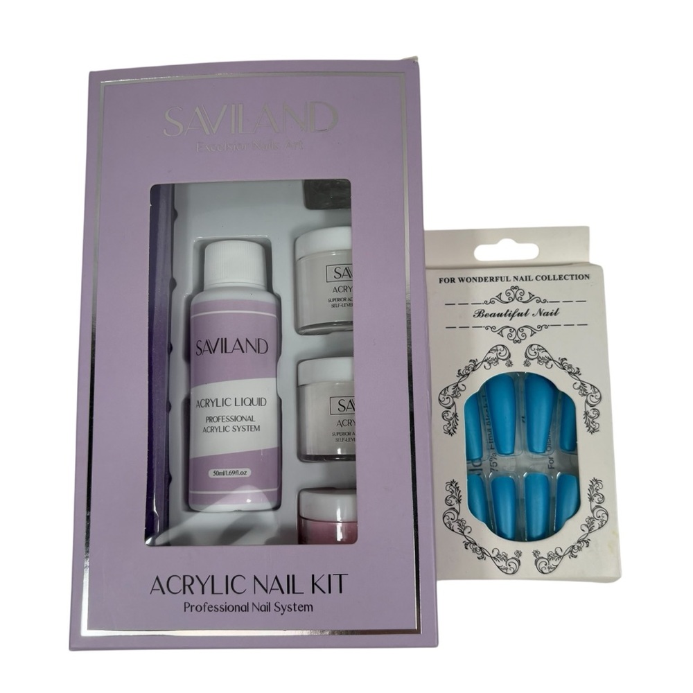 Savland Acrylic At Home Nail Kit Long Blue Fake Press On Nails New
